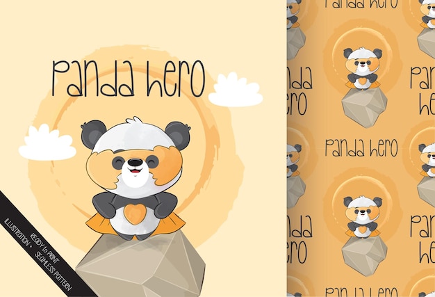 Cute little panda hero character with yellow mask and seamless pattern