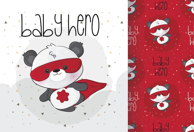 Cute little panda super heroes character with seamless pattern