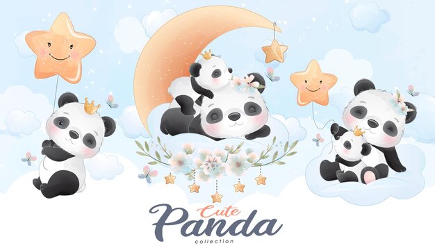 Cute little panda with watercolor illustration set