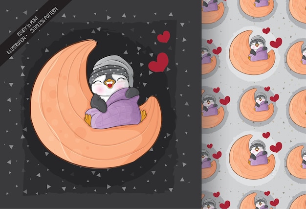 Free vector cute little penguin sleeping on the moon illustration illustration of background