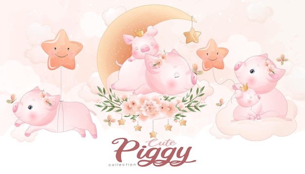 Cute little piggy with watercolor illustration set