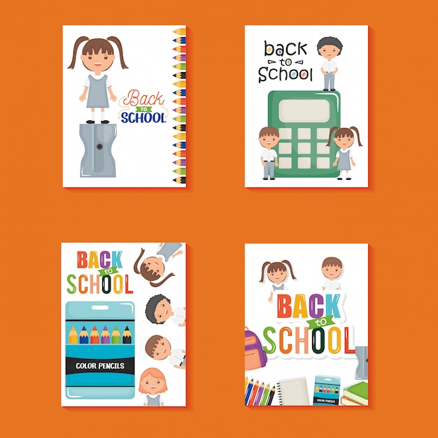 Cute little students in sheets notebook and supplies. Back to school