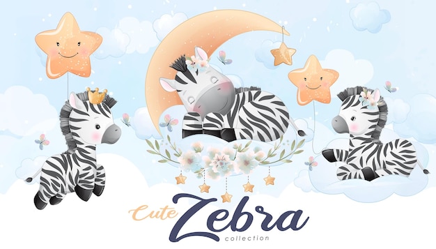 Cute little zebra with watercolor illustration set