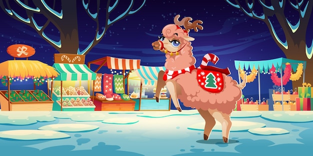 Cute llama character on Christmas fair at night