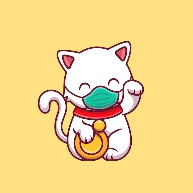 Cute Lucky Cat Wearing Mask Cartoon   Icon Illustration. Animal Healthy Icon Concept Isolated  . Flat Cartoon Style