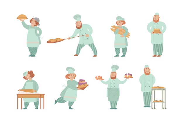 Free Vector cute male and female bakers in uniform cartoon illustration set. man and woman cooking cake, rolling out bread dough, making recipe for bakery. chef character on white background. job, kitchen concept