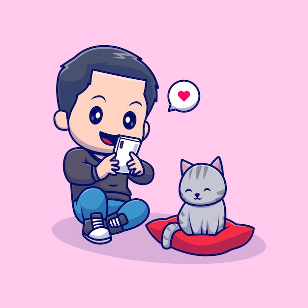 Cute Man Taking Picture Cat on Pillow Cartoon Vector Icon Illustration. People Animal Icon Isolated