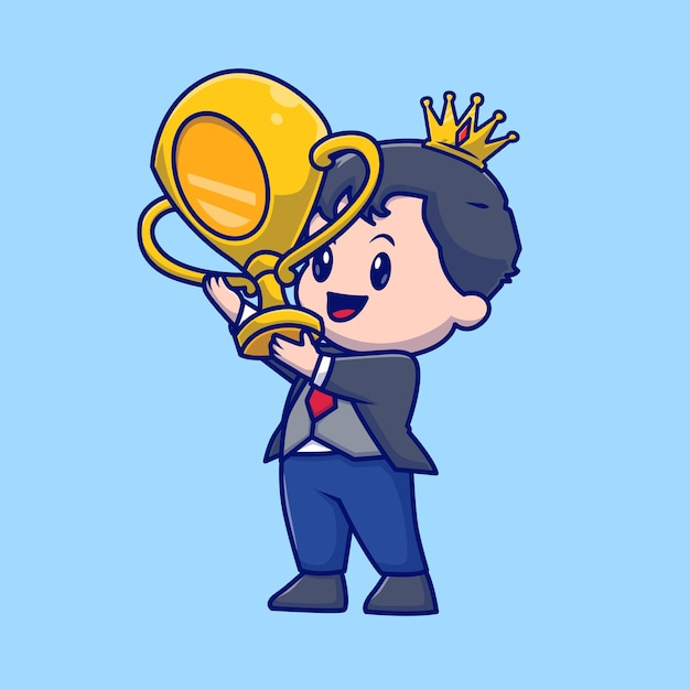 Free vector cute man with crown holding gold trophy cartoon vector icon illustration. people finance isolated