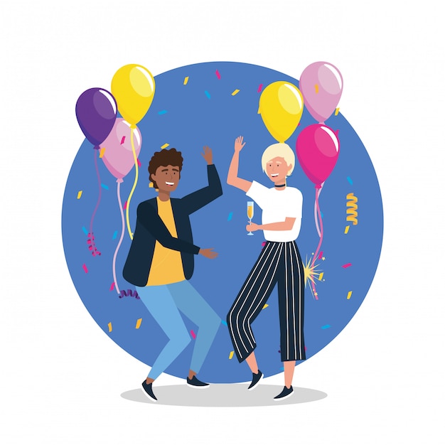 Free vector cute man and woman dancing with balloons and confetti