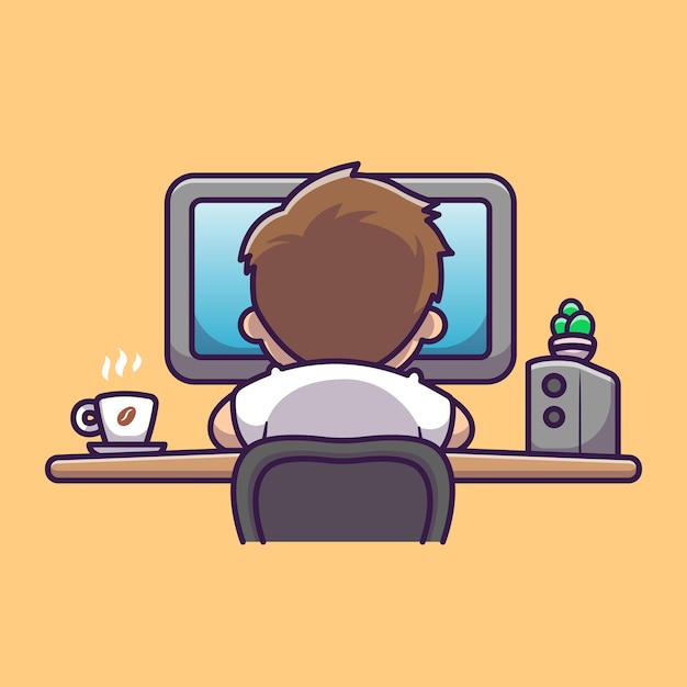 Free Vector cute man working on computer with coffee cartoon vector icon illustration. people technology icon concept isolated premium vector. flat cartoon style