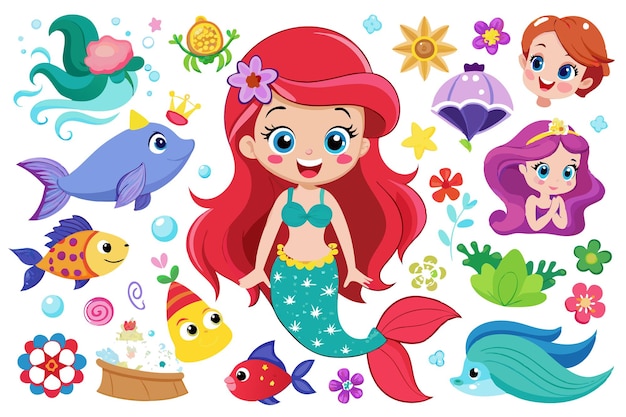 Free vector cute mermaid with long red hair and a teal tail surrounded by colorful fish flowers and sea creatures