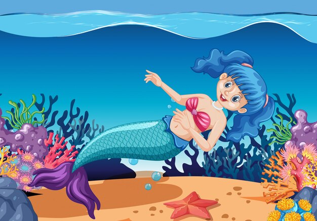 Cute mermaids cartoon character cartoon style on under sea background