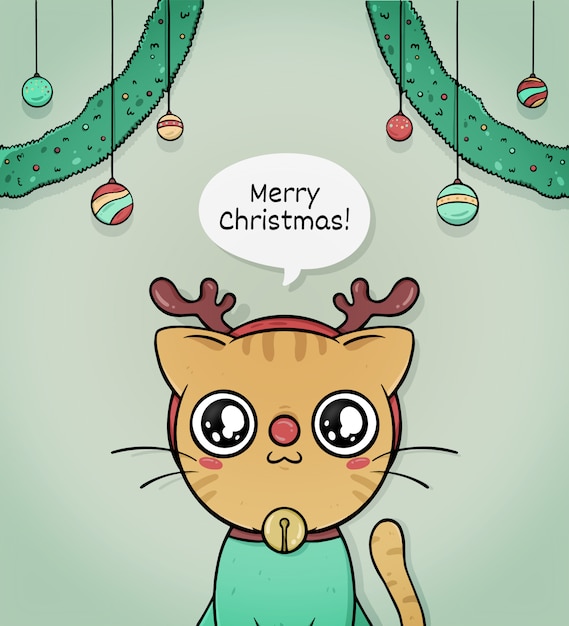 Cute merry christmas greeting card with cat reindeer