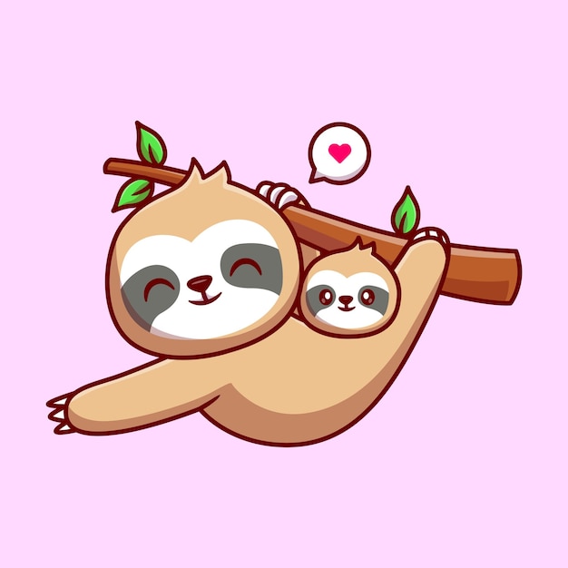 Free Vector cute mom sloth with baby sloth hanging on tree cartoon vector icon illustration. animal nature icon