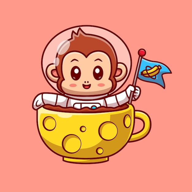 Free Vector cute monkey astronaut holding banana flag in moon coffee cartoon vector icon illustration animal