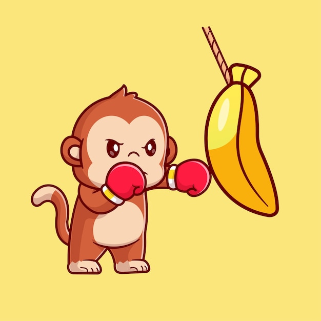 Free vector cute monkey boxing banana cartoon vector icon illustration. animal sport icon concept isolated flat