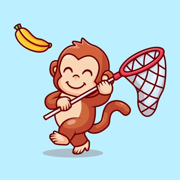 Cute Monkey Catching Banana With Fishing Net Cartoon Vector Icon Illustration. Animal Nature Icon