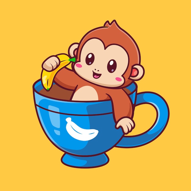 Free Vector cute monkey holding banana in coffee cartoon vector icon illustration animal drink isolated flat