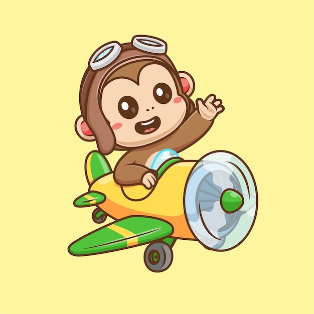 Free Vector cute monkey pilot flight with plane cartoon vector icon illustration animal transportation isolated