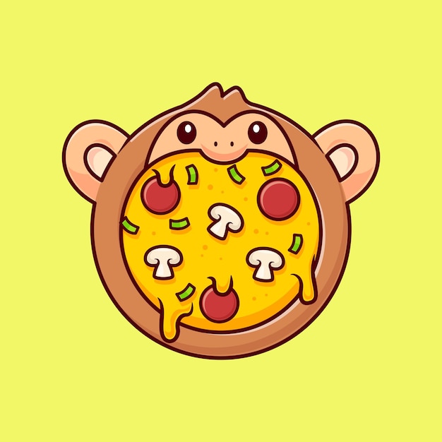 Cute Monkey Pizza Cartoon Vector Icon Illustration Animal Food Icon Isolated Flat Vector