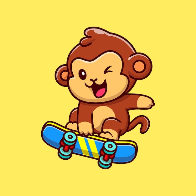 Cute Monkey Playing Skateboard Cartoon Vector Icon Illustration. Animal Sport Icon Concept Isolated Premium Vector. Flat Cartoon Style