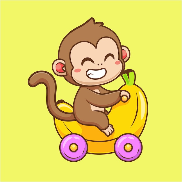 Free Vector cute monkey riding banana motorcycle toy cartoon vector icon illustration animal transportation flat