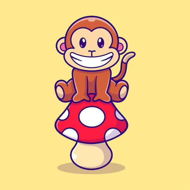 Cute Monkey Sitting On Mushroom Cartoon Vector Icon Illustration Animal Nature Icon Isolated Flat