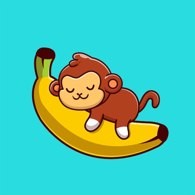 Cute Monkey Sleeping On The Banana Cartoon Vector Icon Illustration. Animal Nature Icon Concept Isolated Premium Vector. Flat Cartoon Style