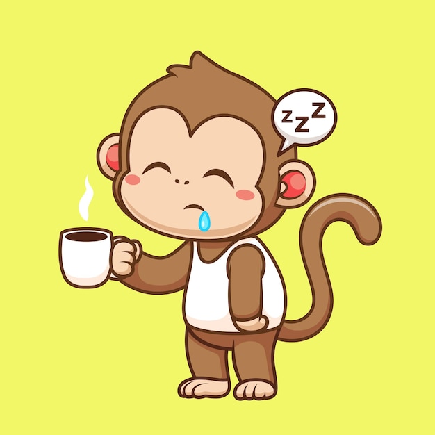 Free Vector cute monkey sleepy holding coffee cartoon vector icon illustration animal drink isolated flat