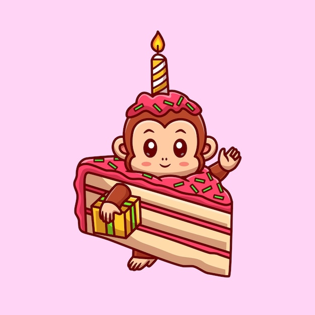 Free vector cute monkey with birthday cake cartoon vector icon illustration animal food icon concept isolated p