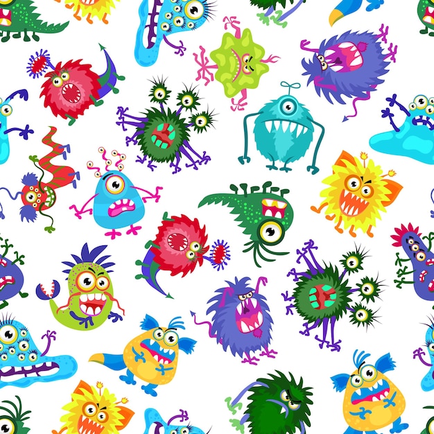 Cute monster party kids seamless pattern. Background with colored monsters. Illustration of bizarre monster