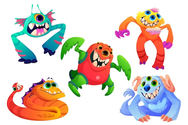 Cute monsters little alien animals with teeth horns many eyes and fur vector cartoon set of funny cr...