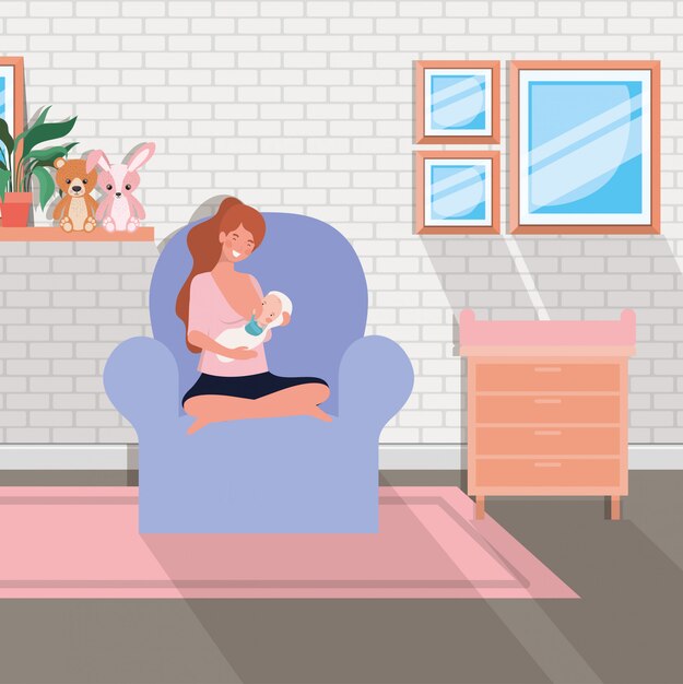 Cute mother with newborn  baby in livingroom