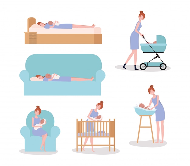 Cute mother with newborn  baby set activities