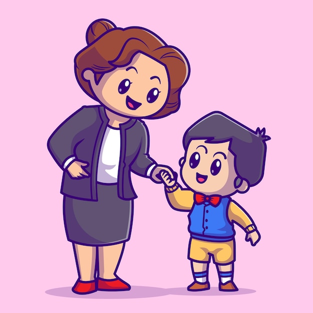 Cute Mother With Son Cartoon Vector Icon Illustration. People Family Icon Concept Isolated Premium Vector. Flat Cartoon Style