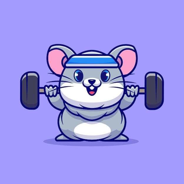 Cute Mouse Lifting Barbell Cartoon   Icon Illustration. Animal Sport Icon Concept Isolated  . Flat Cartoon Style