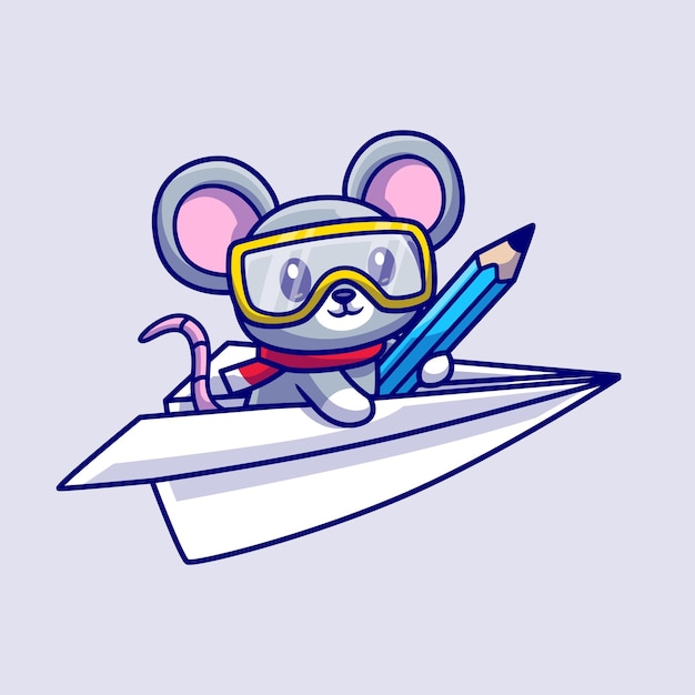 Free Vector cute mouse riding paper plane with pencil cartoon vector icon illustration animal education isolated