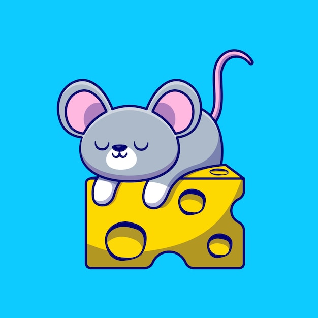 Cute Mouse Sleeping On The Cheese Cartoon  Illustration. Animal Food  Concept Isolated  Flat Cartoon 