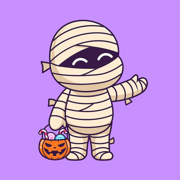 Free Vector cute mummy bring candy with pumpkin basket cartoon vector icon illustration holiday food isolated