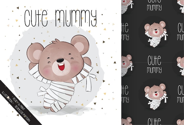 Free Vector cute mummy little bear happy halloween  with seamless pattern