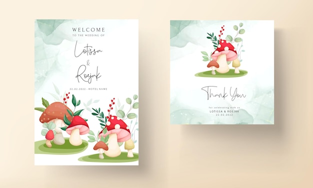 Cute mushroom and leaves hand drawing invitation card template