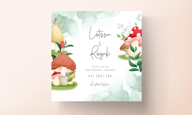 Free Vector cute mushroom and leaves hand drawing invitation card template