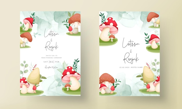 Free Vector cute mushroom and leaves hand drawing invitation card template