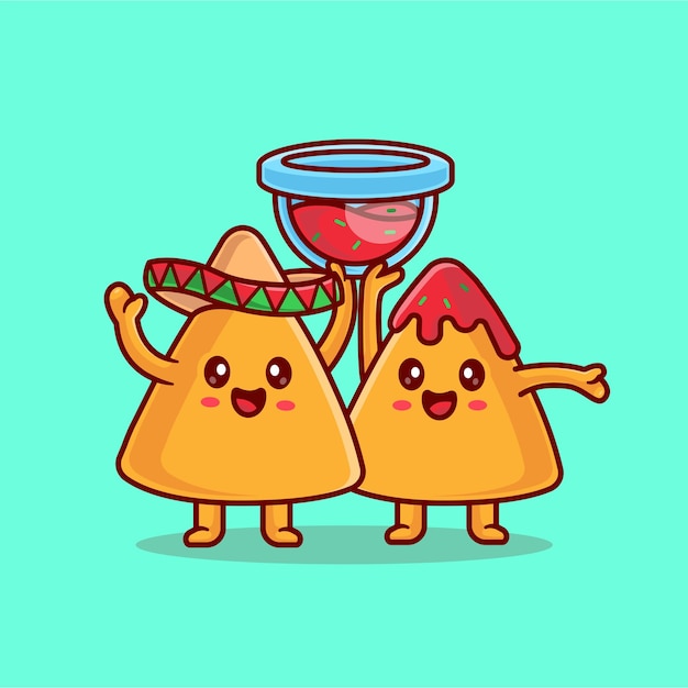 Free Vector cute nachos wearing hat and holding chili sauce cartoon vector icon illustration food holiday icon