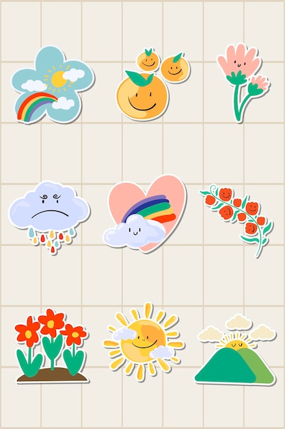 Free Vector cute natural doodle sticker set on a grid background vector