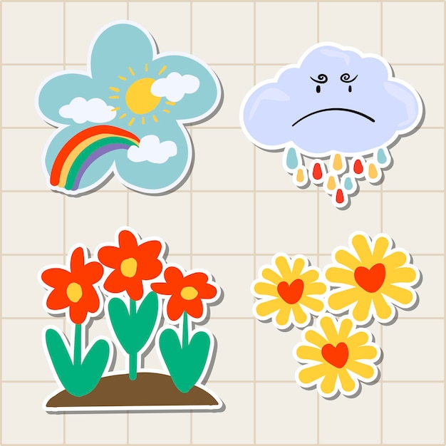 Free Vector cute natural doodle sticker set on a grid background vector