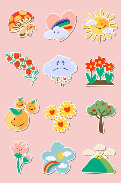 Cute natural doodle sticker set on a pink background vector