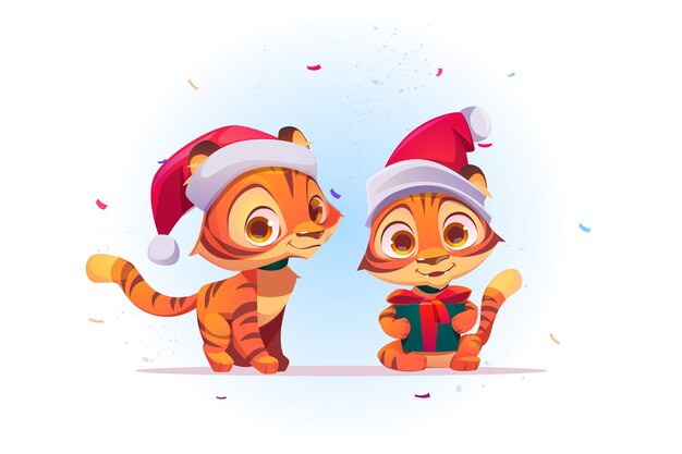 Cute New Year cartoon tiger in Santa Claus hat