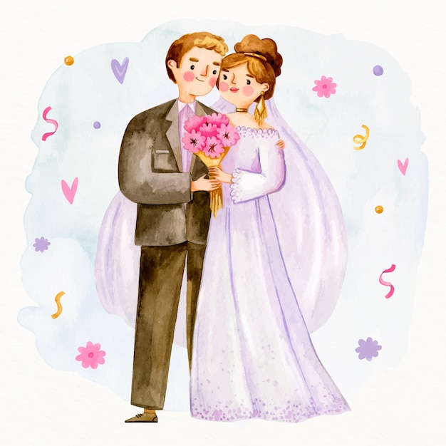 Cute newlyweds couple and bouquet of flowers