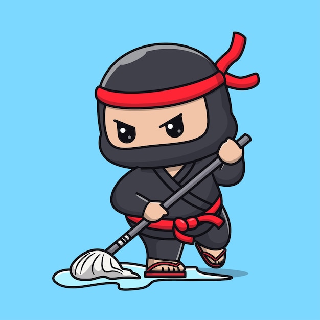 Free Vector cute ninja cleaning floor with mop cartoon vector icon illustration people holiday isolated flat